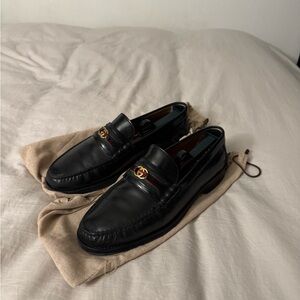 Gucci Black Leather Loafers with Gold Accent